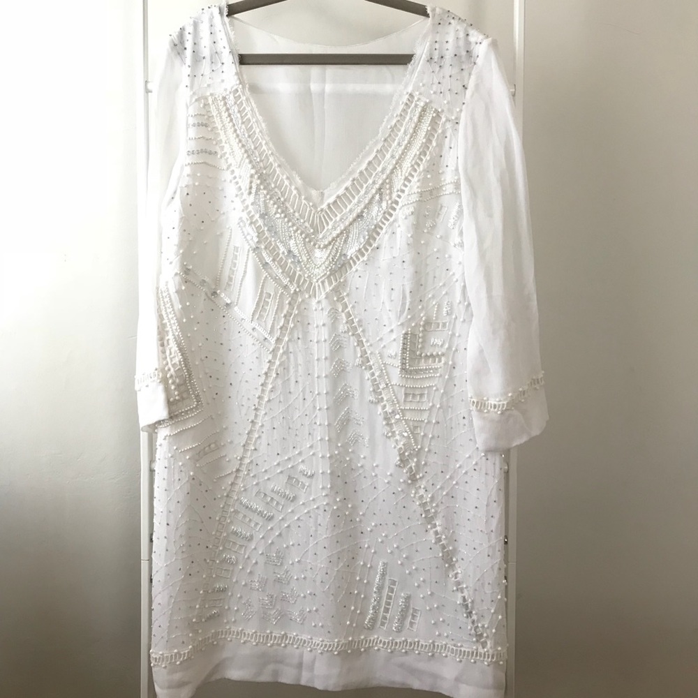 white beaded French Connection shift dress, size 4